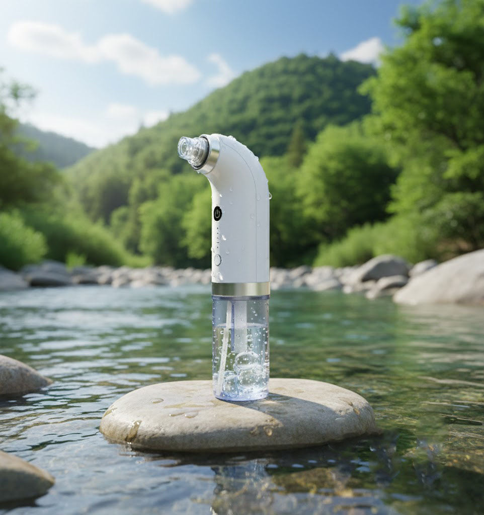 Brosse nettoyante visage posée sur une pierre dans un ruisseau, appareil d’aspiration pour nettoyer les pores et éliminer les points noirs naturellement.