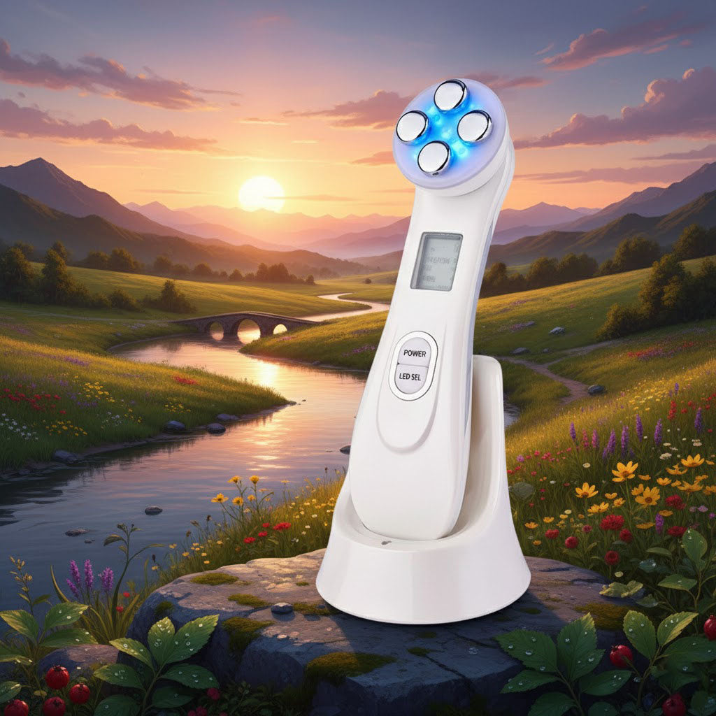 Masseur facial RF/EMS avec lumière LED bleue posé sur son socle dans un paysage naturel, appareil anti-âge pour raffermir la peau et réduire les rides.