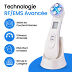 Masseur facial RF et EMS avec technologie LED avancée, niveaux d’intensité réglables et fonction lifting pour stimuler le collagène