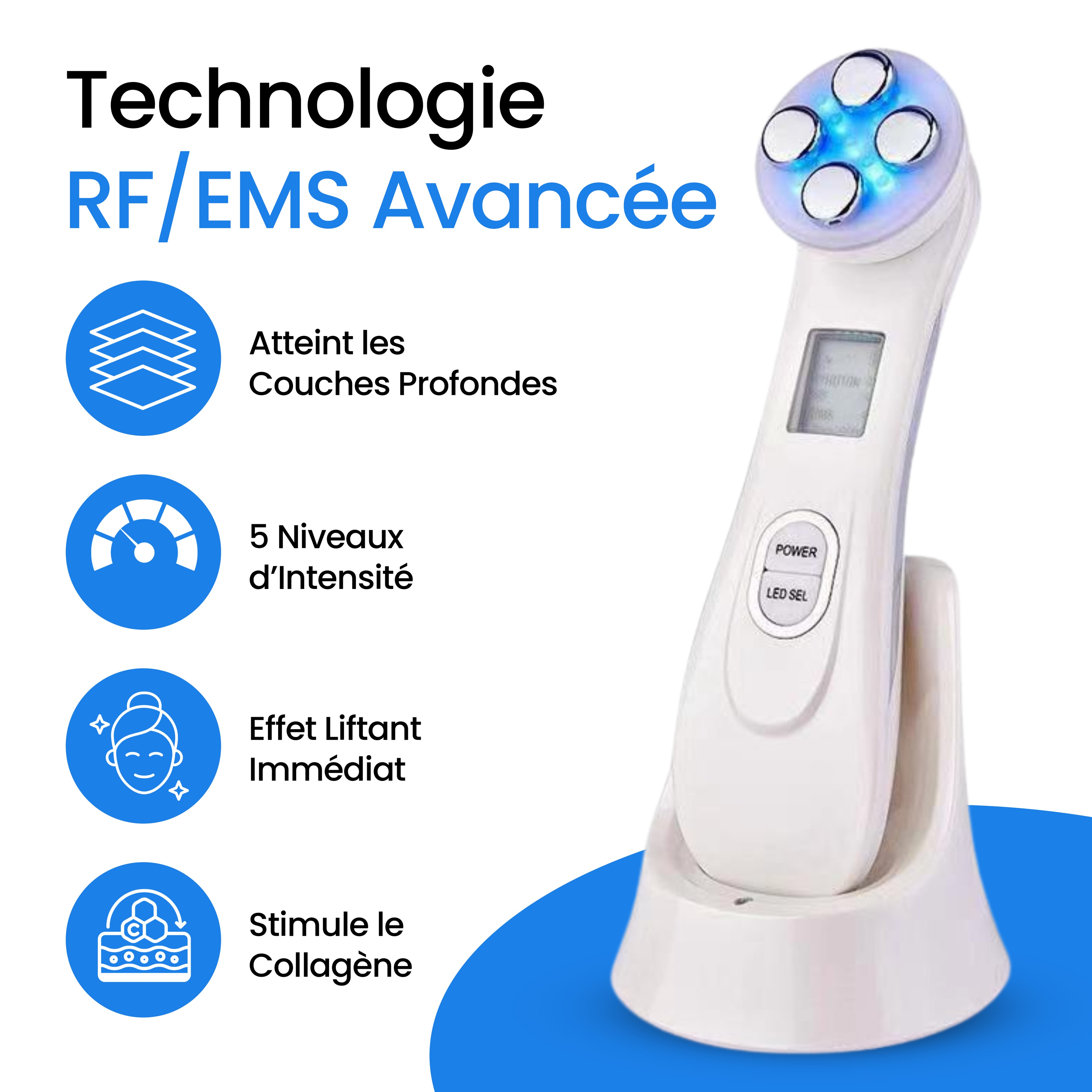 Masseur facial RF et EMS avec technologie LED avancée, niveaux d’intensité réglables et fonction lifting pour stimuler le collagène