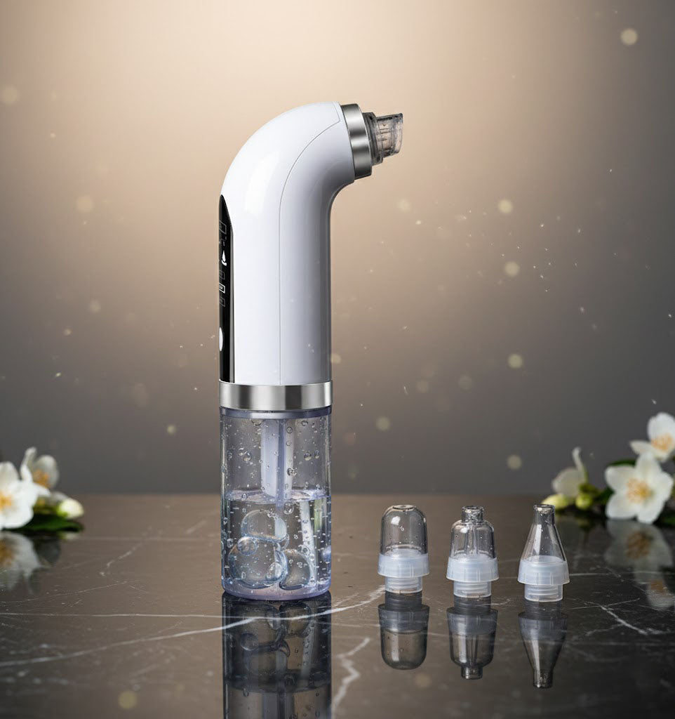 Brosse nettoyante visage à aspiration avec réservoir d’eau et embouts interchangeables, appareil pour éliminer les points noirs et nettoyer les pores en profondeur.