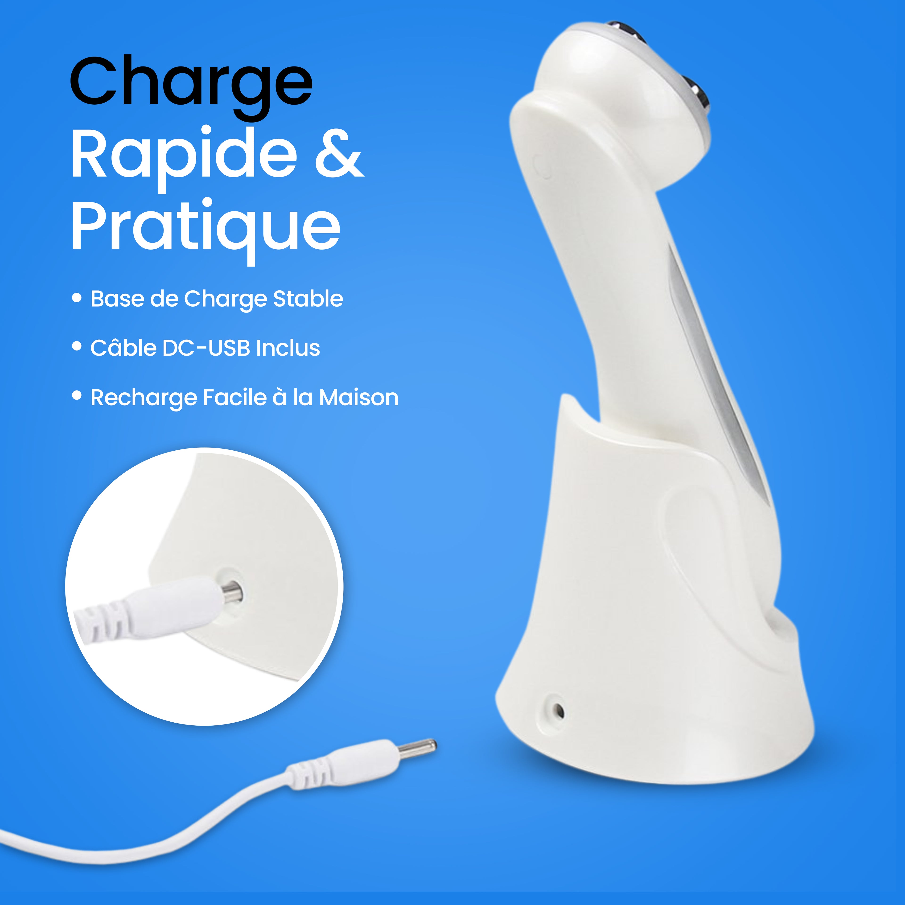 Masseur facial RF/EMS sur base de charge avec câble USB, recharge rapide et pratique pour soins du visage.