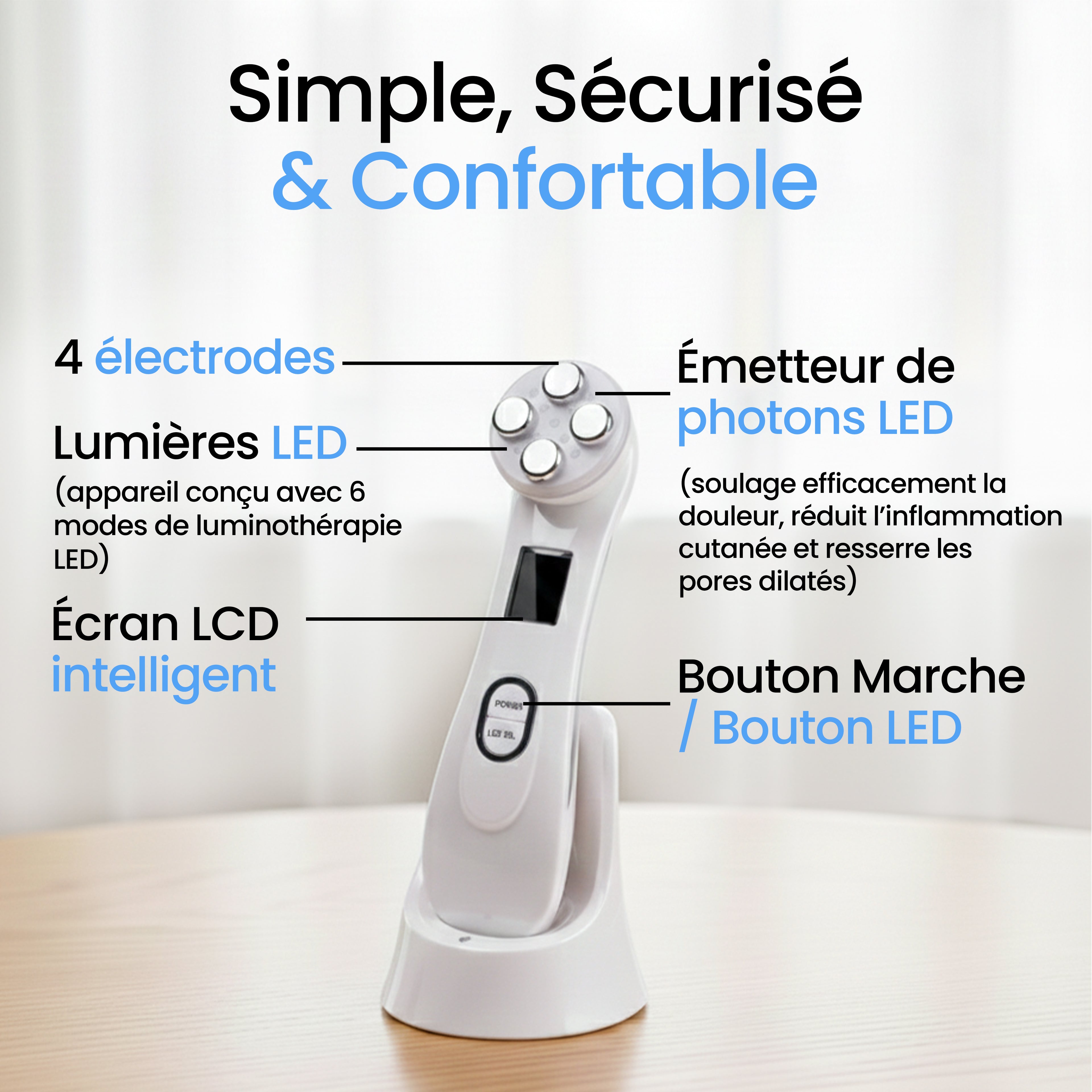 Masseur facial avec luminothérapie LED, électrodes et écran LCD pour soins du visage et raffermissement de la peau