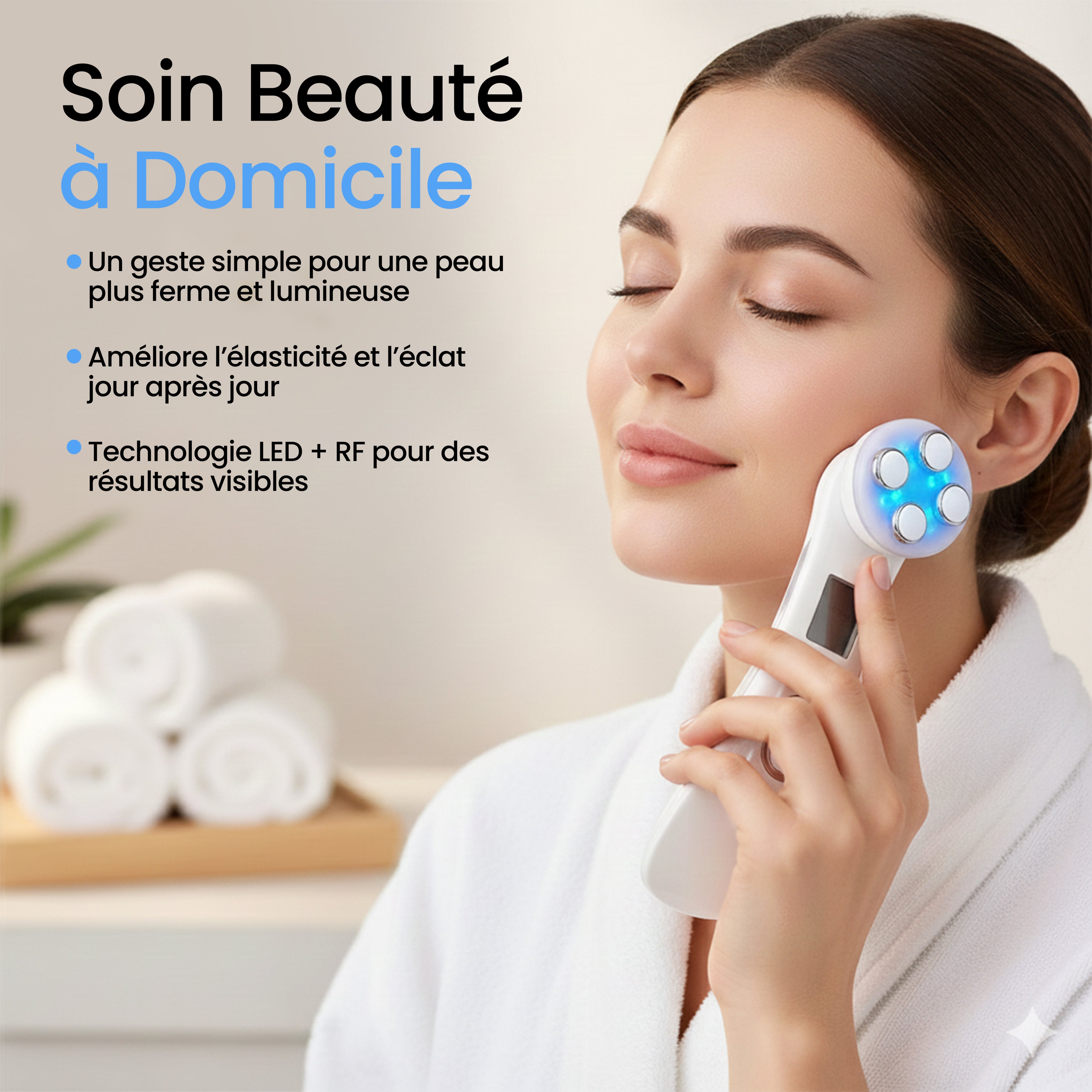 Personne utilisant un masseur facial LED et radiofréquence pour un soin beauté à domicile